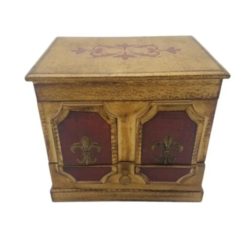 VTG Toyo Japan Wooden Jewelry Music Box Fleur de Lis 3 Drawer areas 7 X 7.5